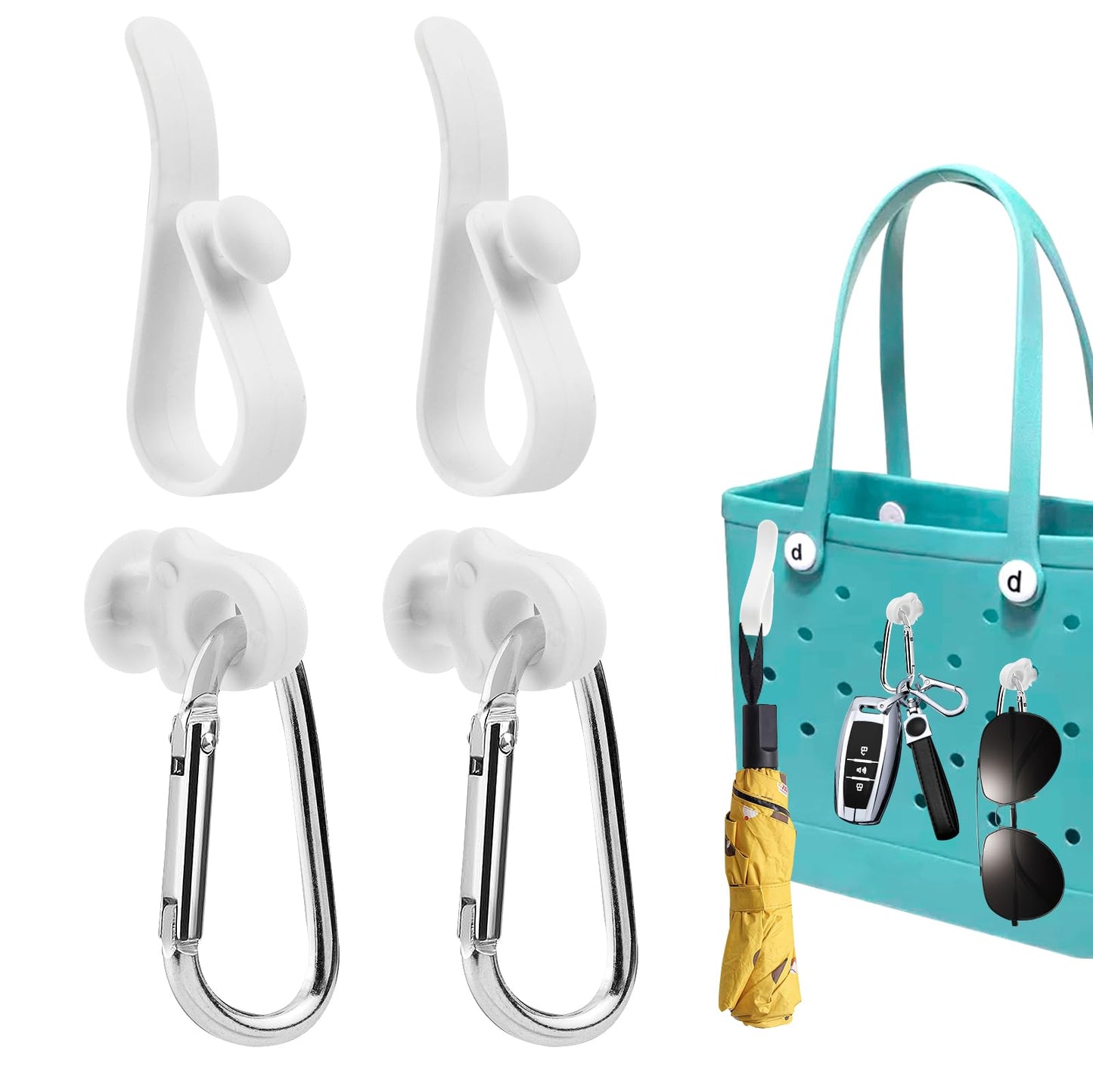 4 Pcs Hooks Set Accessories Compatible for Bogg Bag, Bogg Bag Accessories, Insert Carabiner Key Chain Holder Charms, Compatible for Small & Large Beach Bags (White)