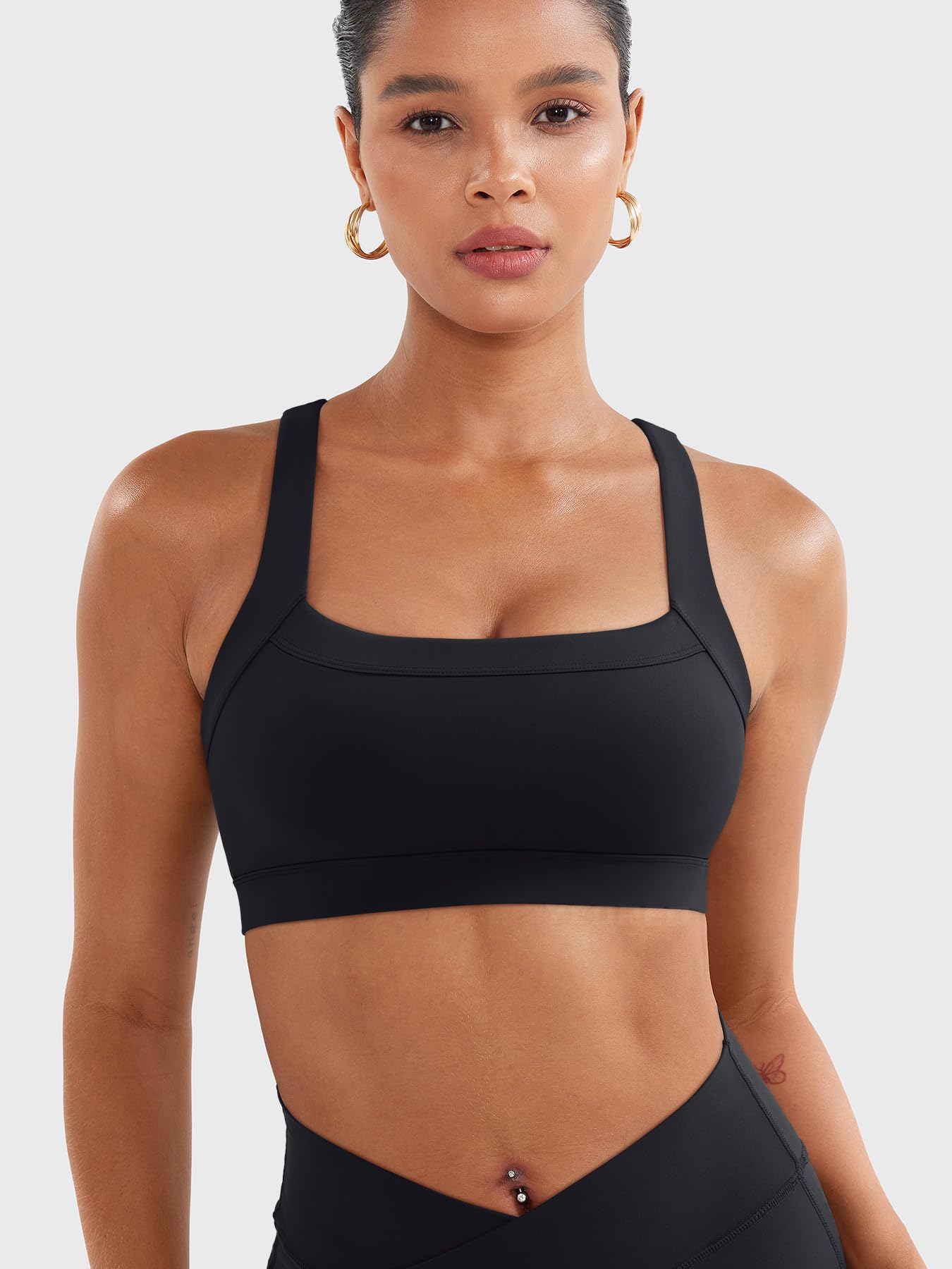 YEOREO LuxFlow Sports Bras for Women Medium Support Racerback Padded Sports Bra Square Neck Wireless Workout Gym Crop Top Black S