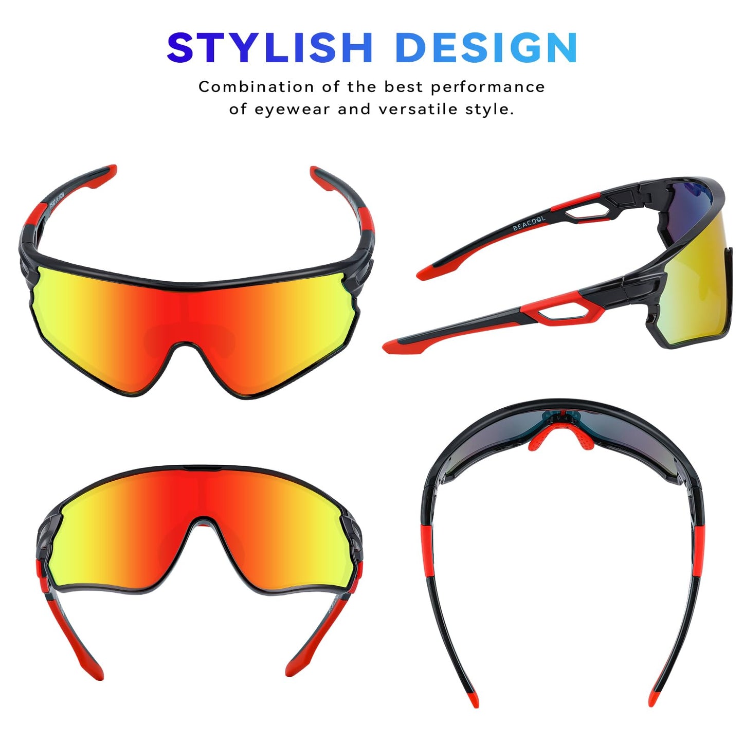 BEACOOL Polarized Sports Sunglasses for Men Women Youth Baseball Fishing Cycling Running Hiking Motorcycle Tac Glasses UV400 (GlossyBlack Gradient Red)