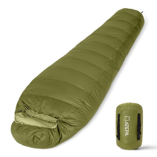 ATEPA Elements 450 Down Sleeping Bag for Adults, 700FP Recycled Mummy Cold Weather Ultralight 3 Season Compact Packable Sleeping Bag with 15D Nylon Shell for Backpacking Camping Hiking, 42.8℉ Green