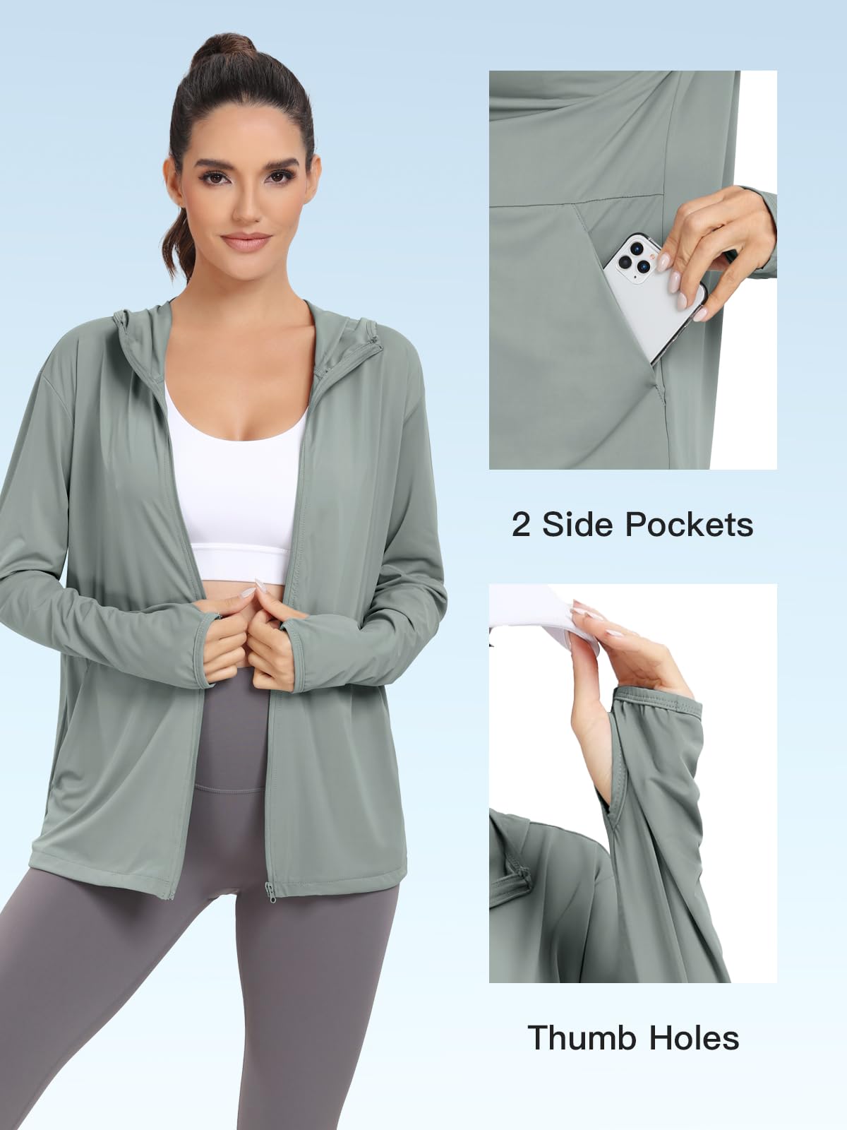 VUTRU Women's UPF 50+ Sun Protection Hoodie Jacket Lightweight Long Sleeve Sun Shirt for Women with Pocket Hiking Outdoor (Grey,S)
