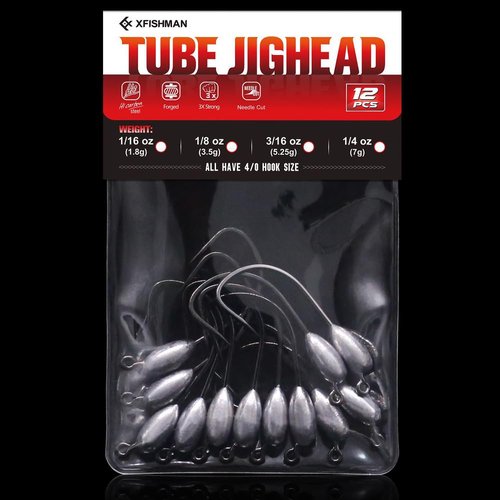 XFISHMAN-Tube-Jig-Heads-for-Bass-Fishing-Tube-Bait-Hooks 1/16oz 1/8oz 3/16oz 1/4oz (12-Pack)