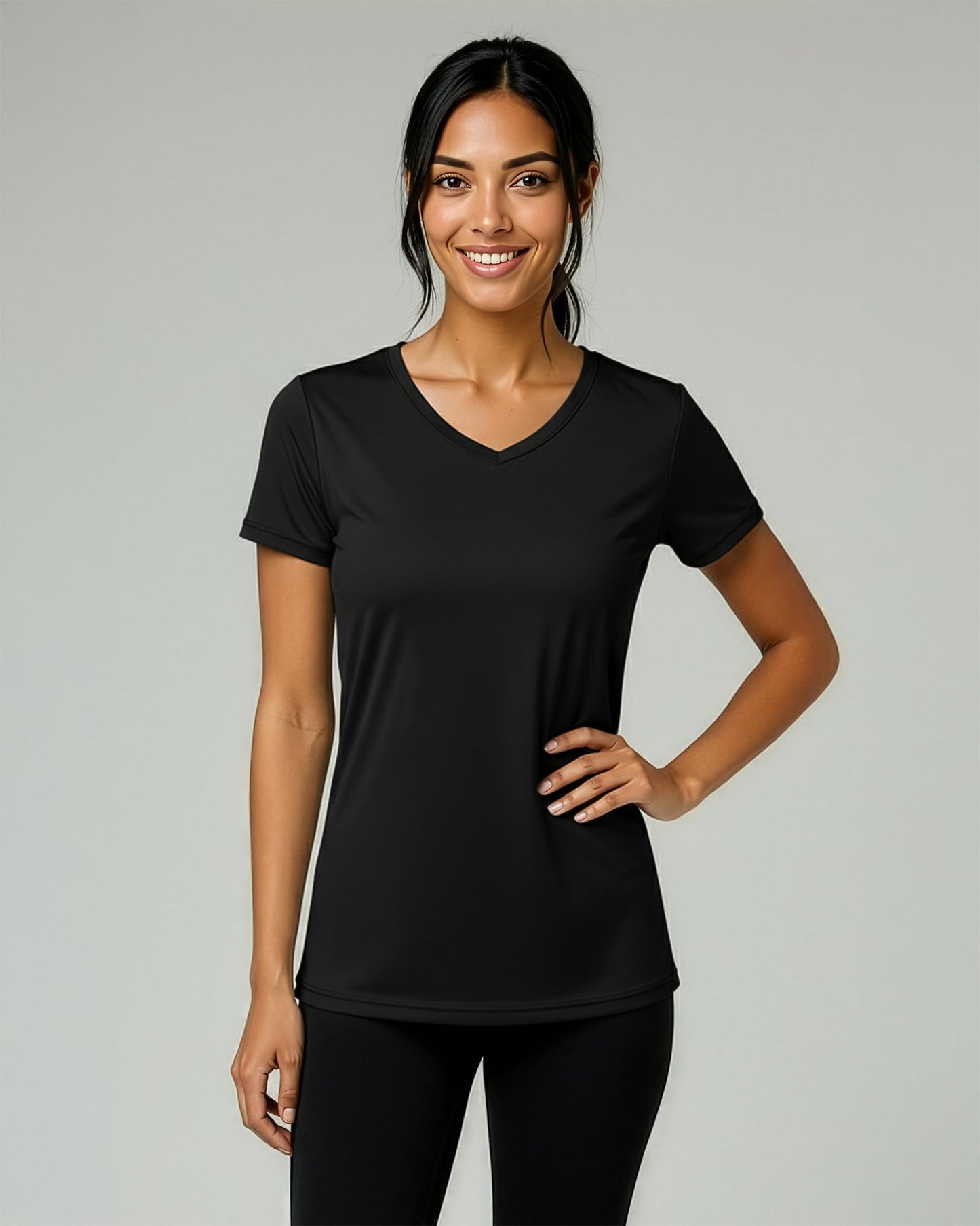Real Essentials 5 Pack: Women's Dry-Fit Short Sleeve V Neck T Shirt Workout Fitness Yoga Top Tee, Set 5, XS