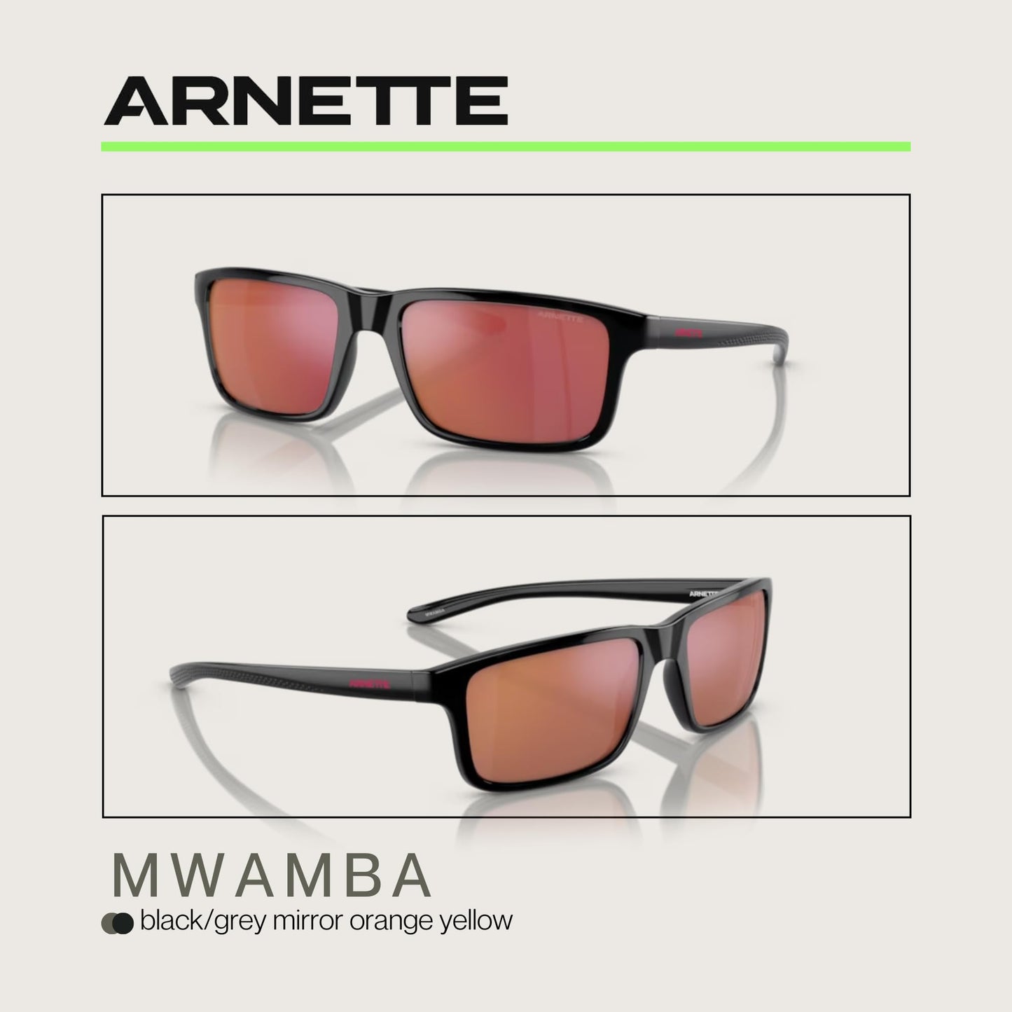 ARNETTE Mwamba AN4322 27536Q 57MM Black/Grey Mirror Orange/Yellow Rectangle Sunglasses for Men +BUNDLE with ACCESSORY EYEWEAR KIT