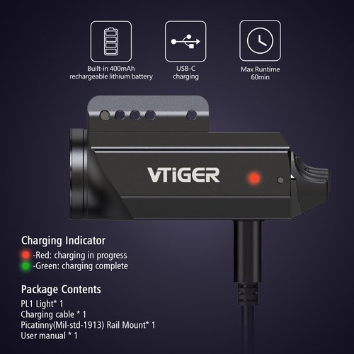 VTIGER PL1 Mini Powerful Compact Pistol Light, 1000 Lumens 984 FT Rechargeable Weapon Handgun Lights, Small Adjustable Rail-Mounted LED Tactical Flashlights for GL/1913 Picatinny Rail, IPX6