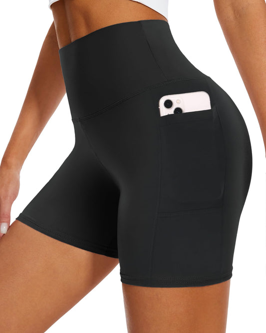 DHSO High Waisted Biker Shorts for Women with Pockets-5" Spandex Tummy Control Athletic Workout Running Yoga Gym Shorts(Black,S-M)