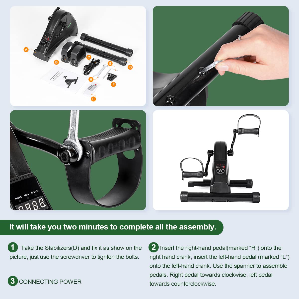 HOMGIM Motorized Mini Exercise Bike Electric Pedal Exerciser for Seniors Rehab Training, Under Desk Bike Pedal Exerciser for Arm/Leg Fitness & Physical Therapy, 6 Levels Speed Adjustment (Black)