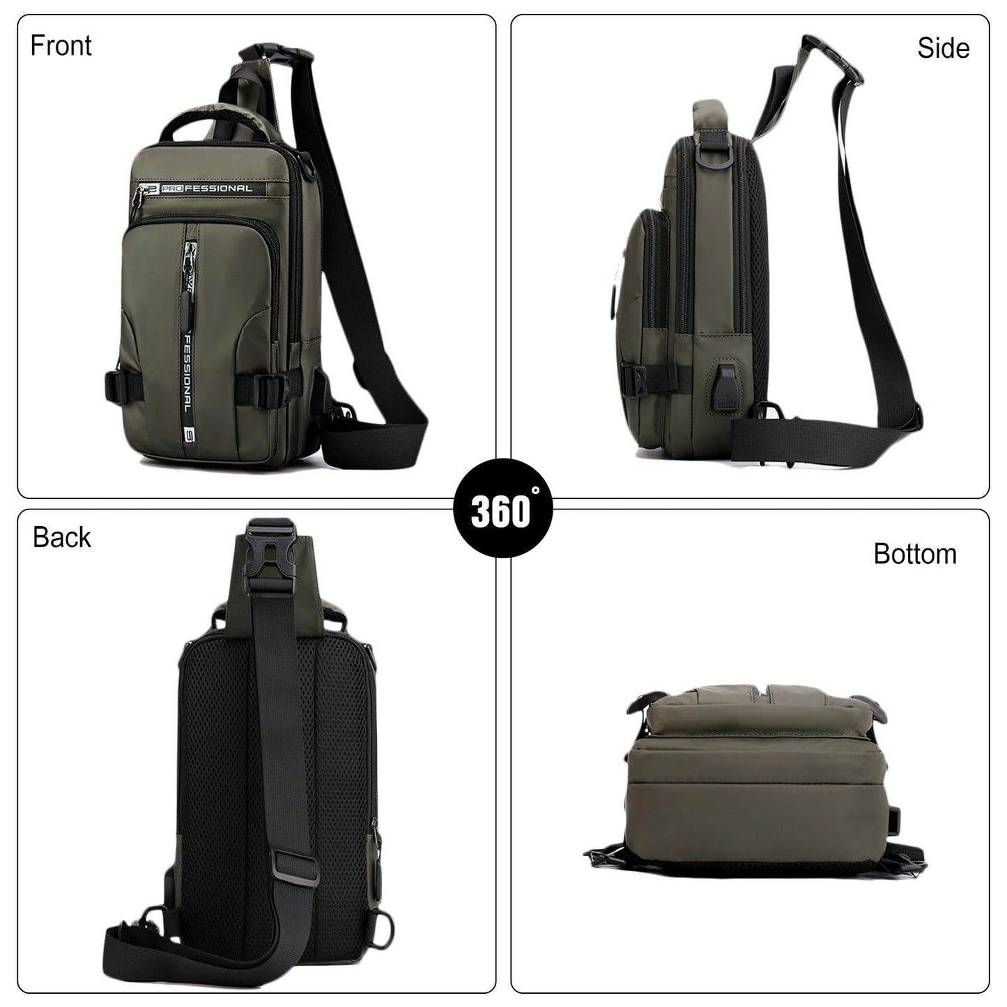 FANDARE Men Sling Crossbody Backpack Crossbody bag for Men One Strap Motorcycle Chest Bag Cover Pack for Hiking Cycling Travel Outdoor Sport Small Casual Backpack with USB Charger Port Nylon Green
