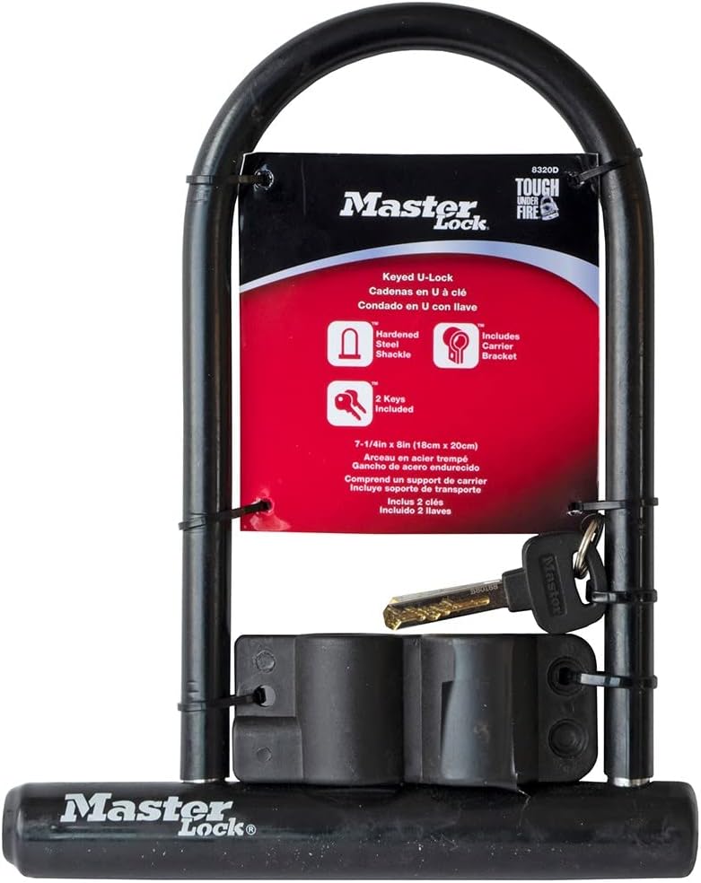 Master Lock Black Bike Lock with Key, Standard Size U-Lock for Bicycles and Other Outdoor Equipment, Anti-Theft Lock for Bikes, 8320D