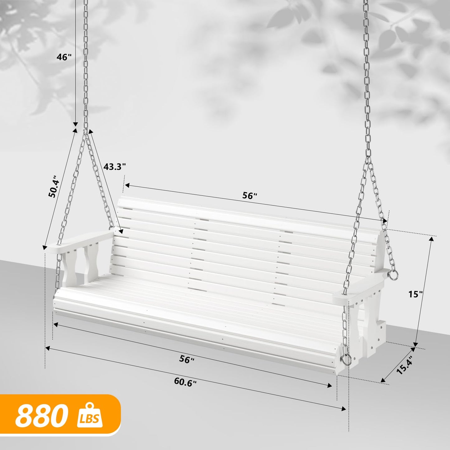 VINGLI Upgraded Patio Wooden Porch Swing for Courtyard & Garden, Heavy Duty 880 LBS Swing Chair Bench with Hanging Chains for Outdoors (5 FT, White)