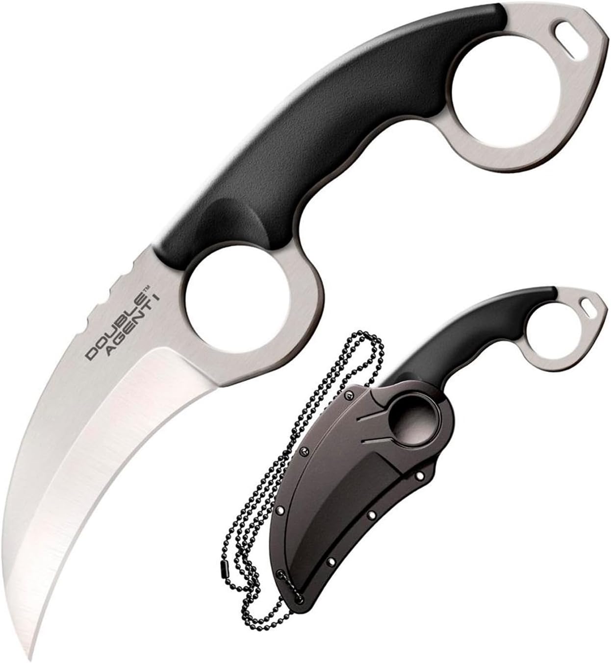 Cold Steel Double Agent Durable Lightweight Japanese AUS8A Steel Karambit Shape 3" Fixed Blade Tactical Outdoor Hunting Knife, Kray-Ex Handle, Secure-Ex Sheath