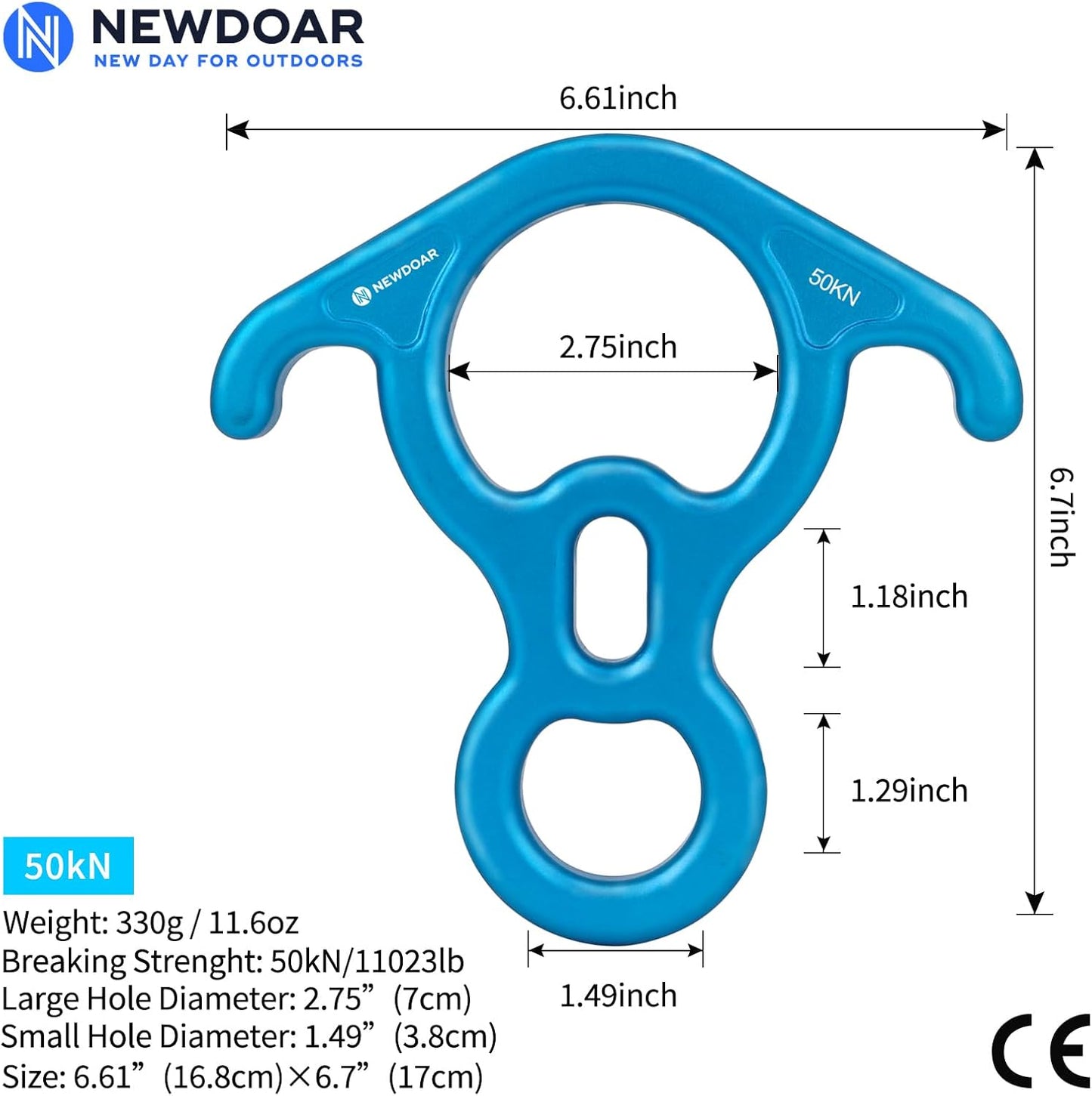 NewDoar 50KN 11000 LBF Rescue Figure,8 Descender Large Bent-Ear Belaying and Rappelling Gear Belay Device for Rock Climbing, Aerial Dance,Ziplining and Peak Rescue 7075 Aluminum Alloy
