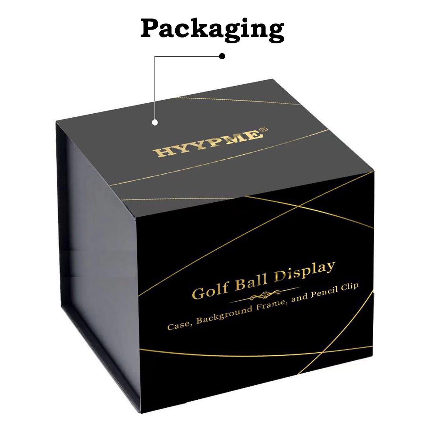 Golf Ball Display Case for Hole-in-One Golfer. Black Ball Throne with Golden Stamp. 2X Background Frames on Each Side of Cambered Cover. Pencil Holder, Glue Dots are All Included, No Assembly