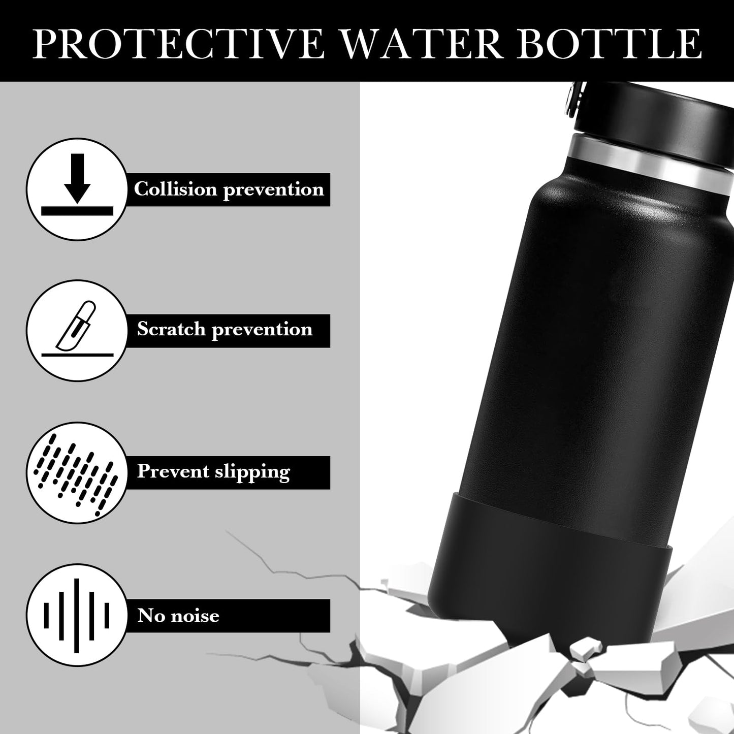 Linkidea Water Bottle Boot Compatible with Hydro Flask Wide Mouth Flex Cap/Straw Lid/Chug Cap 32oz/40oz, Silicone Bottle Bottom Sleeve Cover Protector, Bottle Bumper (Black / 2 Pack)