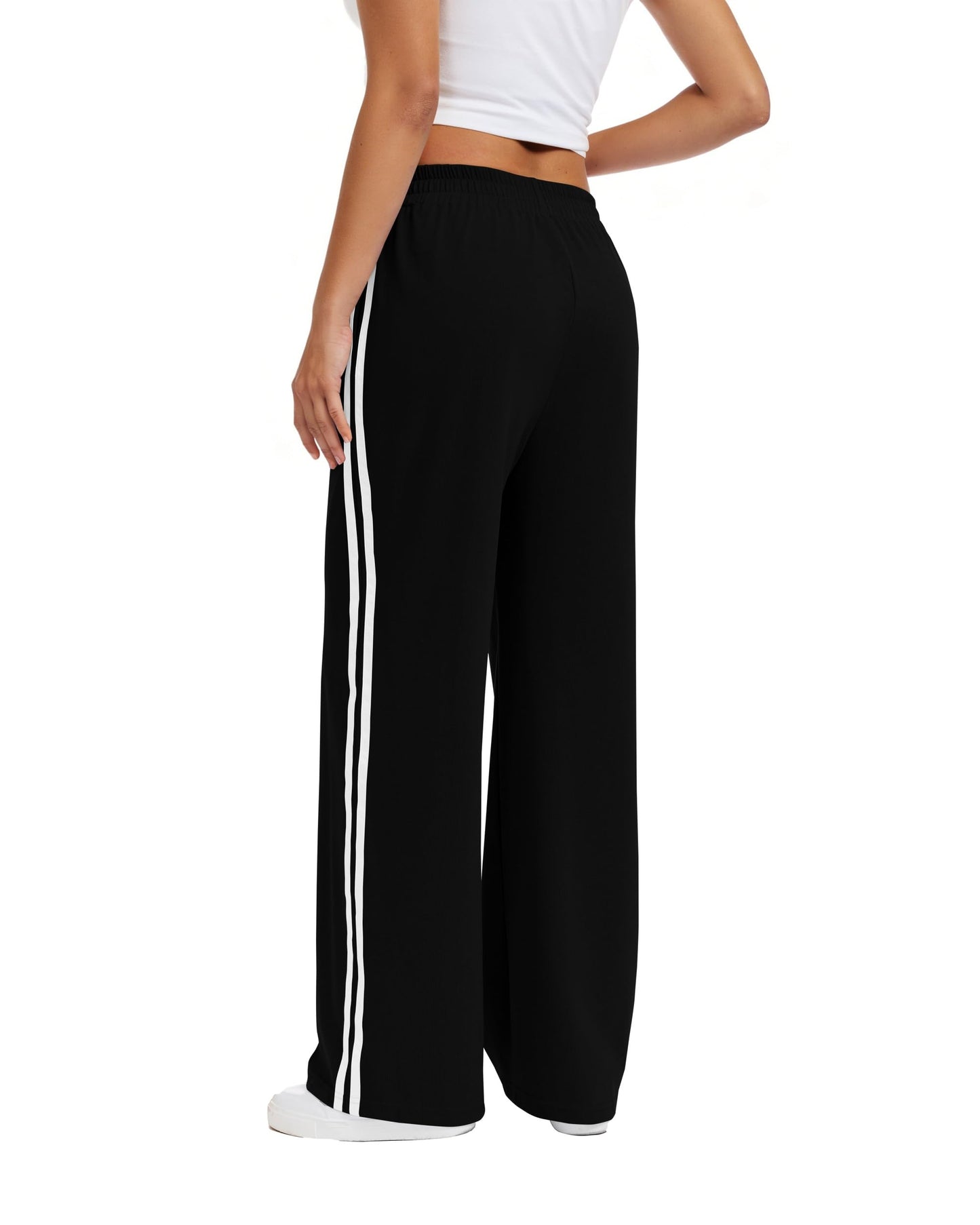 YIPINK Womens Track Pants Athletic Running Pants Sweatpants Straight Leg Cotton Fold-Over Sports Jogging Striped Loose Fit Black