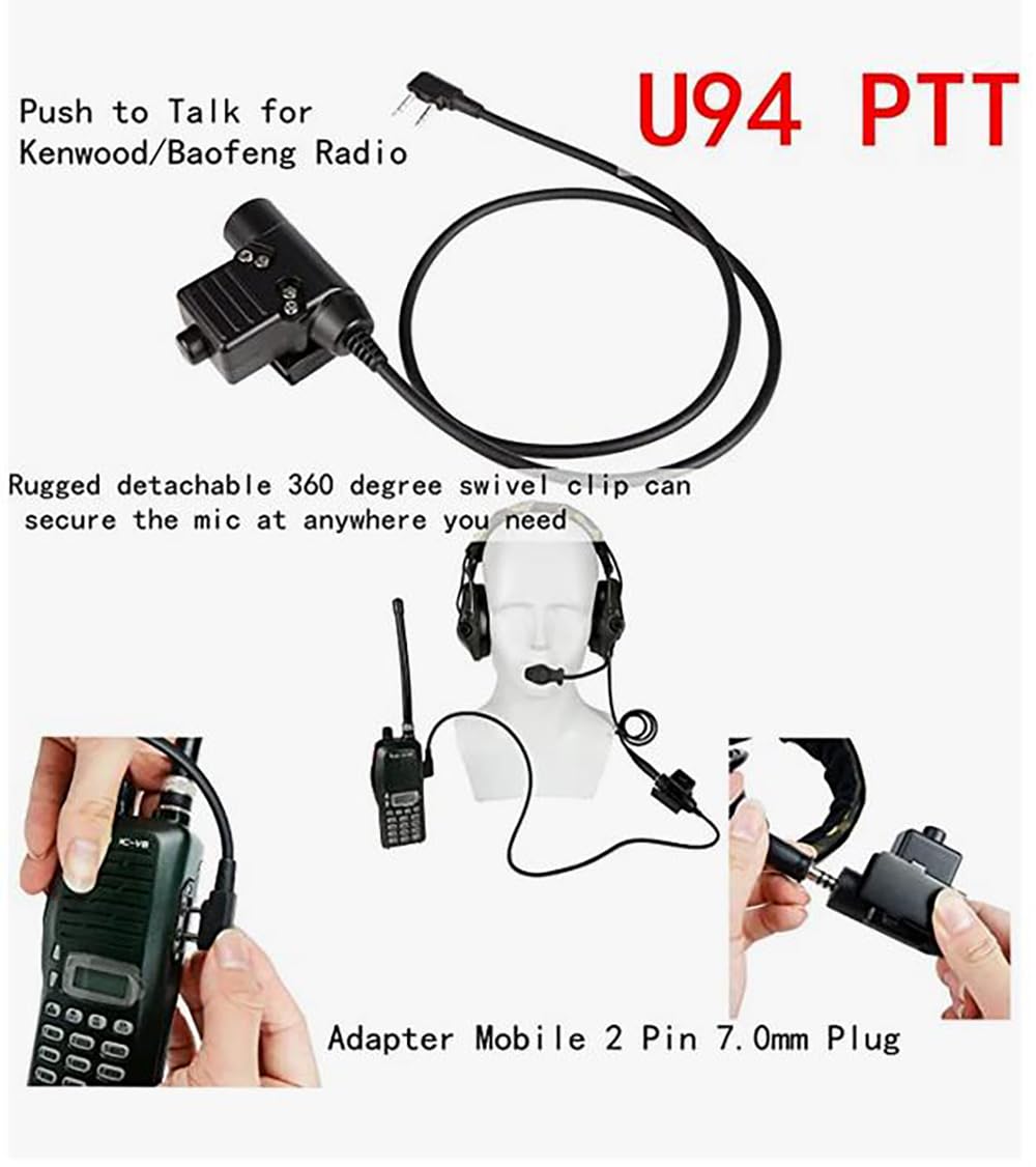 Hdlsina Tactical Shooting headset with U94 PTT 2pin and ARC Rail Adapter Noise Reduction & Sound Pickup Ear Protection (Black)