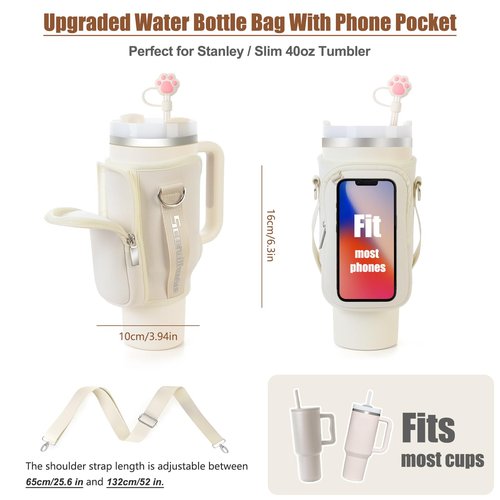 Stanley 40 oz Water Bottle Carrier Bag with Phone Pocket, Tumbler Neoprene Water Bottle Holder Pouch with Adjustable Strap, Stanley Cup Accessories for Hiking Travelling Camping(Offwhite)