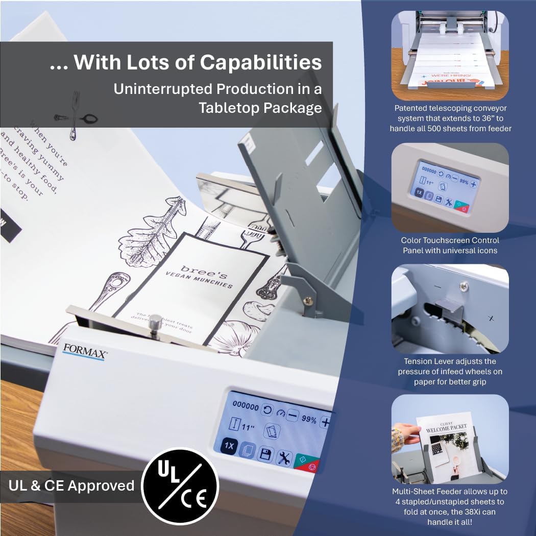 Formax FD 38Xi Fully-Automatic Touchscreen Document Folder, Up to 17000 Sheets/h, Pre-Programmed for C,V,Z, Gate, Fold Out and Double Parallel, Up to 500 Sheets 20# Hopper Capacity