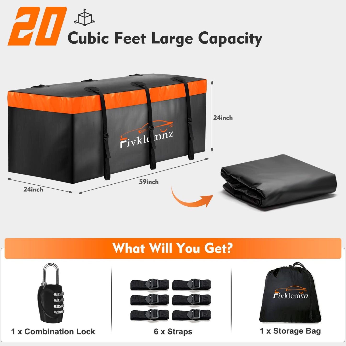 Hitch Mount Cargo Carrier Bag, 20 Cubic Feet 100% Waterproof Car Tray Luggage Bag (59" 24" 24") with 6 Reinforced Straps + 1 Combination Lock, Fits for All Vehicles with Steel Trailer Basket (Large)