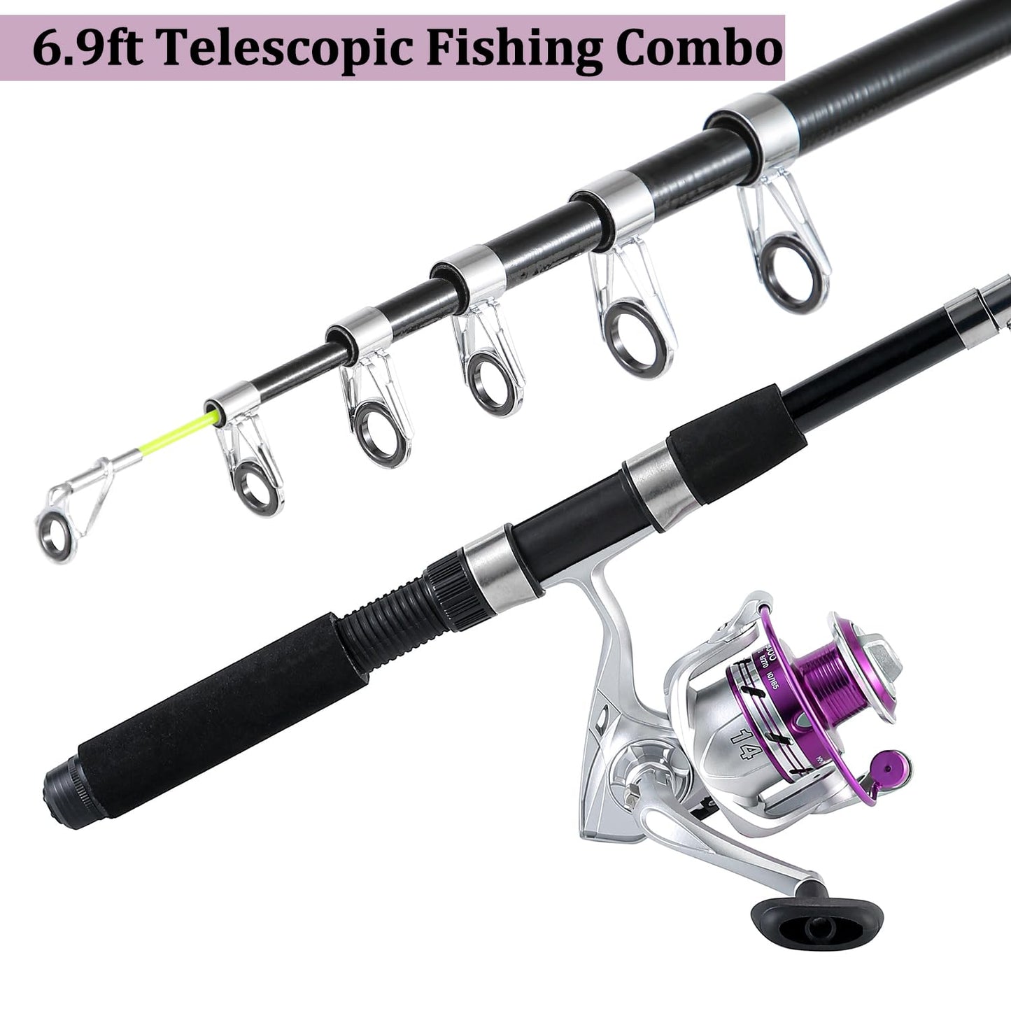Fishing Pole Combo, 6.9ft 2Pcs Telescopic Rods Set, Collapsible Carbon Fiber Fishing Rods, 2PCS Spinning Reel Set with Carrier Bag Freshwater Fishing Rod and Reel Combos Kits(Blue and Purple)