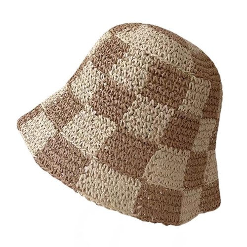 Sun Hats for Women Checkered Straw Bucket Hats UV Protection Sunhat Plaid Packable Sun Protection Hat Y2K Accessories (One Size,Khaki)