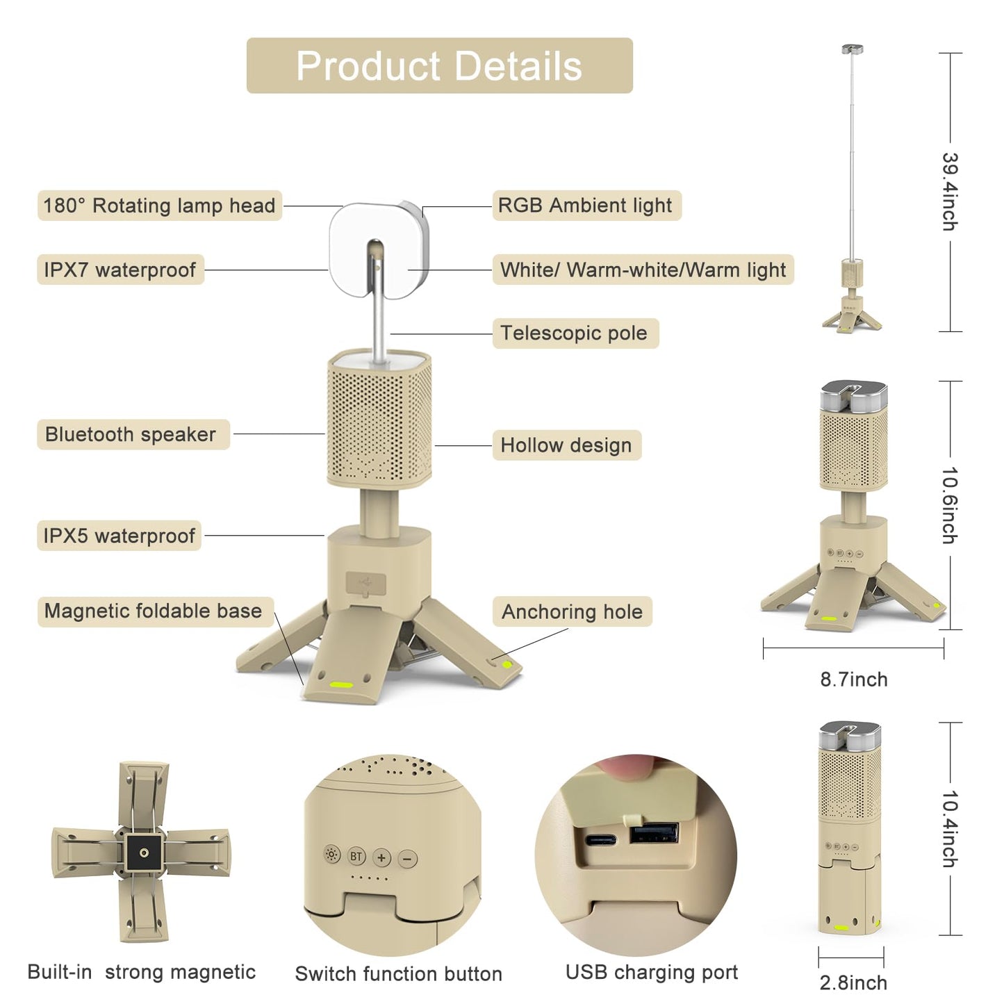 Hiwevvy Camping Lantern, 14000mAh Rechargeable Telescopic Camping Lights Built-in Magnetic Stand with Speaker, Portable Waterproof Outdoor LED Flashlight for Emergency, Hiking, Camping, Fishing -Khaki