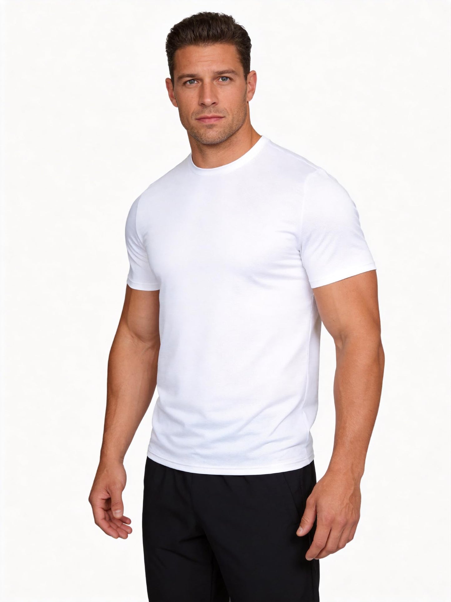 YumiDay Men's Dry Fit Workout Shirt, 4-Way Stretch Short Sleeve Gym Tee, High Elasticity Moisture Wicking Athletic Top for Running, Weightlifting & Training(White/02,L)