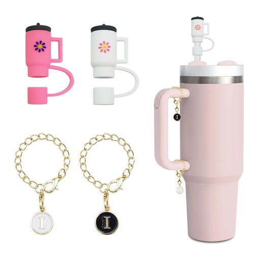 bocowia 2pcs Straw Cover for Stanley Cup,Silicone Straw Covers Cap for Stanley Cup 40 oz,Straw Topper with 30 oz Tumbler,2pcs Initial Letter Charms Accessories for Stanley Tumblers and Water Bottles