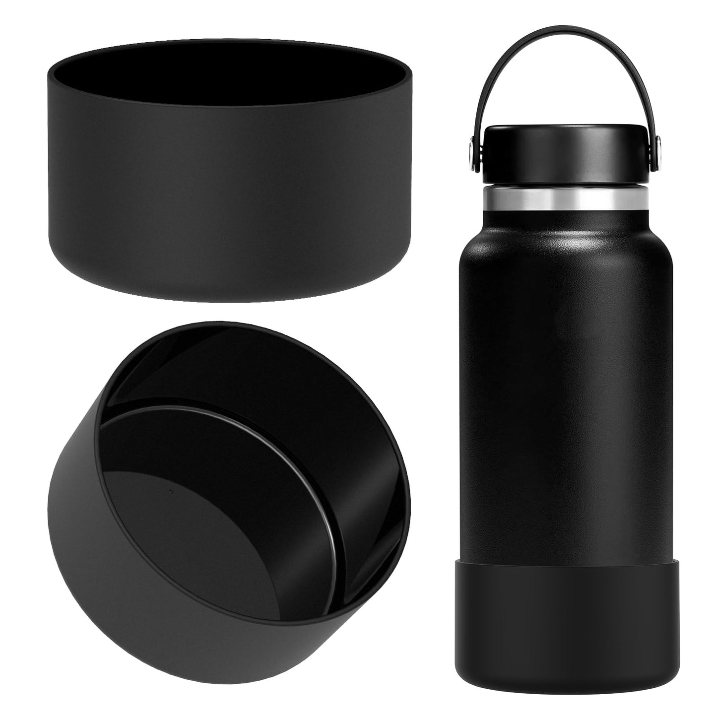 Linkidea Water Bottle Boot Compatible with Hydro Flask Wide Mouth Flex Cap/Straw Lid/Chug Cap 32oz/40oz, Silicone Bottle Bottom Sleeve Cover Protector, Bottle Bumper (Black / 2 Pack)