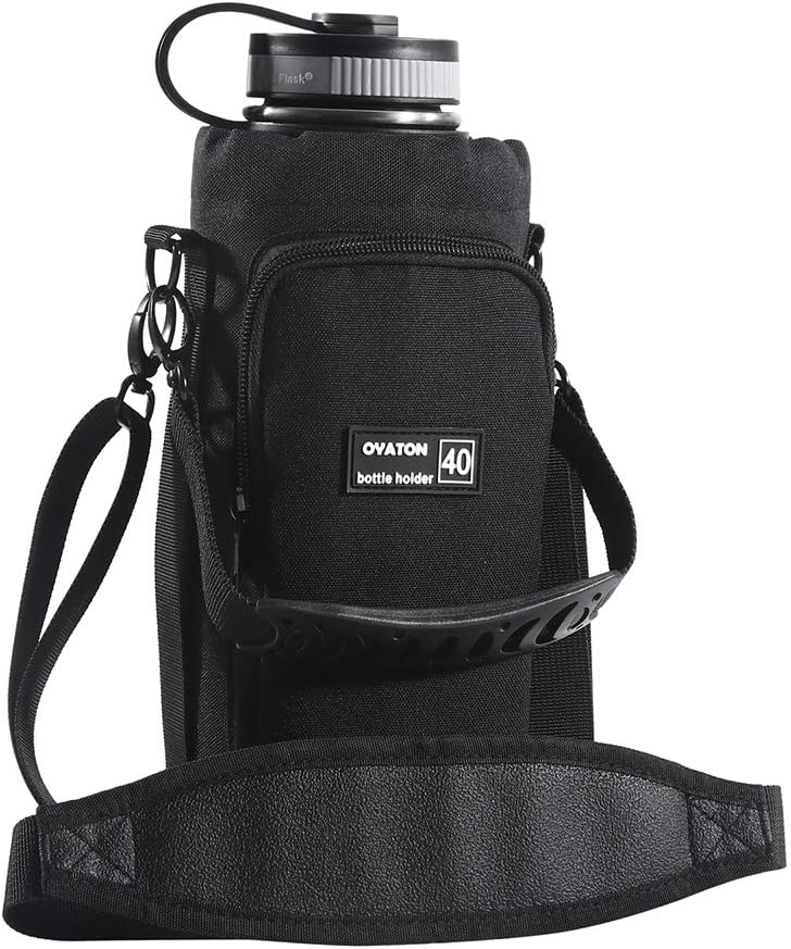 32 oz - 64 oz Black Neoprene Bottle Holder with Strap and Pocket for Walking, Travel and Hiking