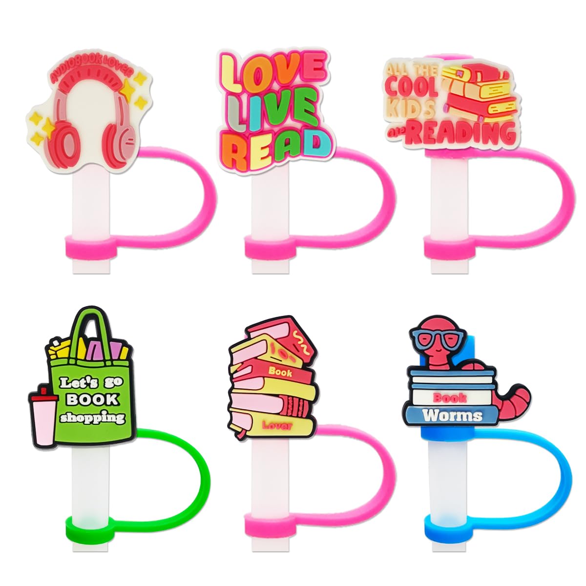 6Pcs Bookish Straw Covers Cap Toppers for Stanley Cup 40Oz Tumbler with Handle, 10mm 0.4in Dust-Proof Reusable Straw Tips Lids