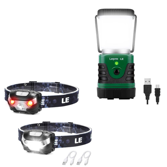 Lighting EVER Bundle - 2 Items : LED Rechargeable Headlamp, High Lumen Bright Head Lamp with 5 Modes and White Red Light & 1000LM LED Camping Lantern Rechargeable, 4400mAh Power Bank