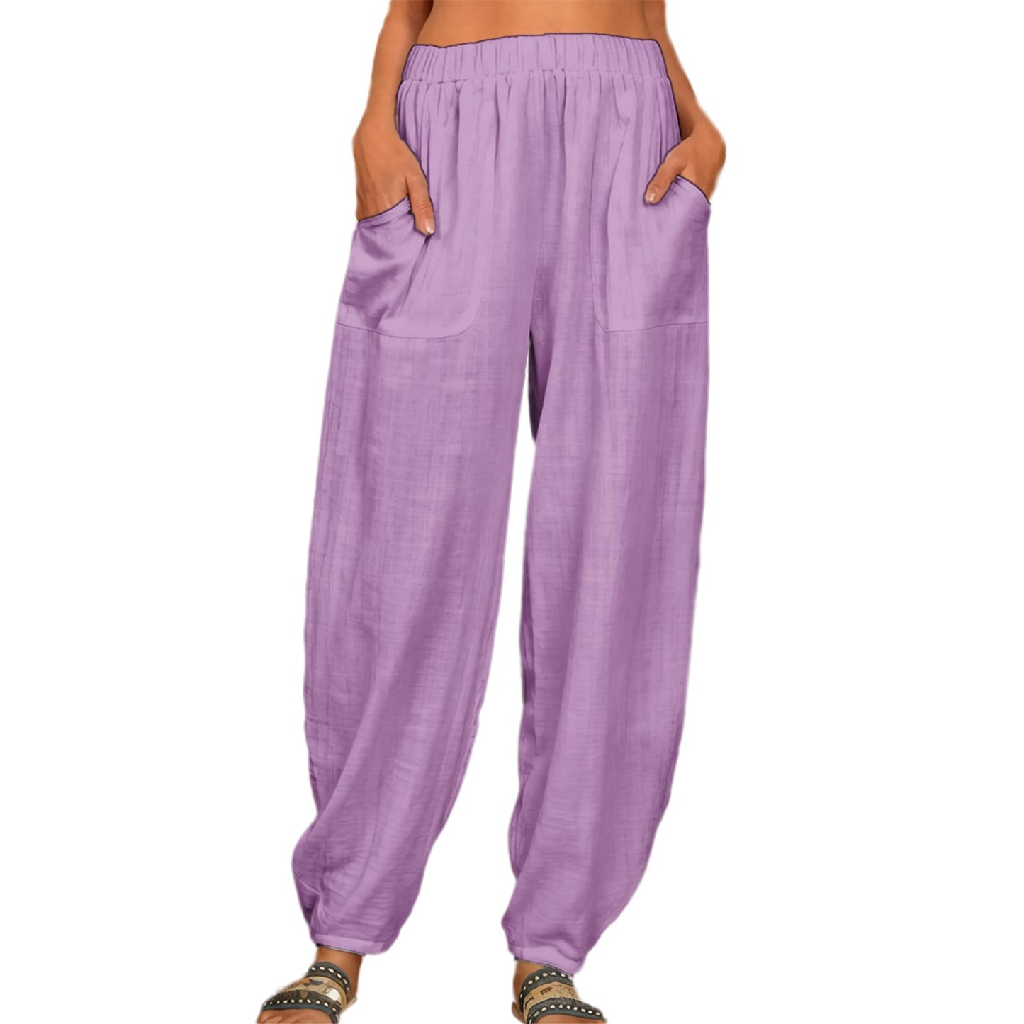 MARSVOVO Women's Harem Jogger Pants, Elastic High Waist Tapered Trousers with Pockets, Lightweight Casual Pants for Yoga & Beach S-3XL Purple