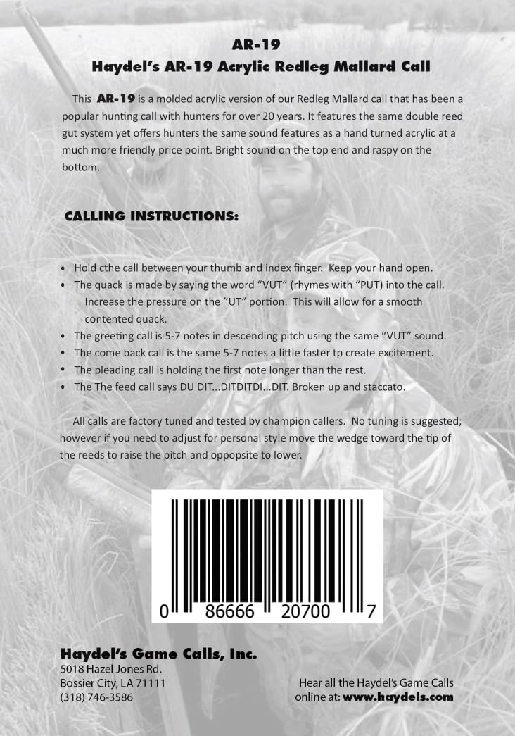 Haydel's Game Calls Inc. AR-19 Acrylic Redleg Double Reed Mallard Duck Call