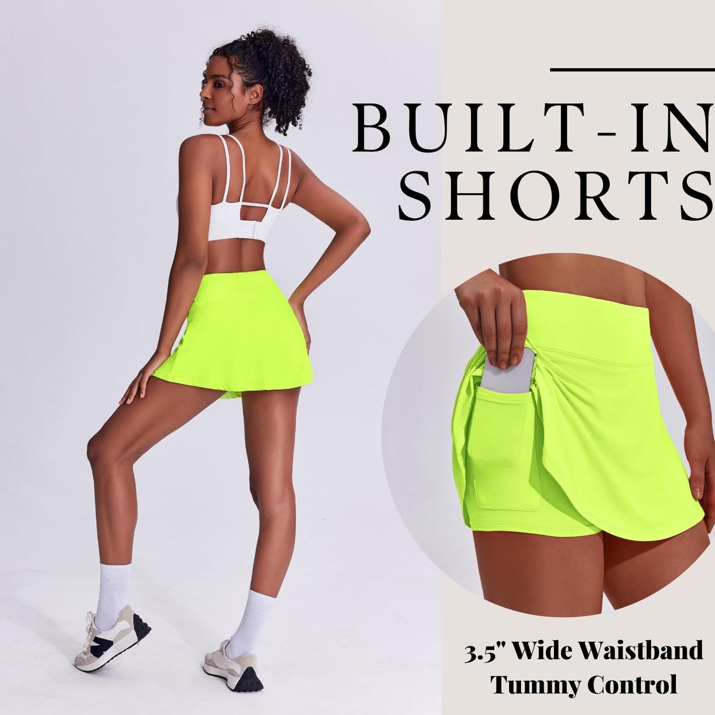 PINSPARK Pleated Tennis Skirt for Women High Waisted Athletic Golf Skorts Skirts with Pockets for Running Casual,Green Citrine Small