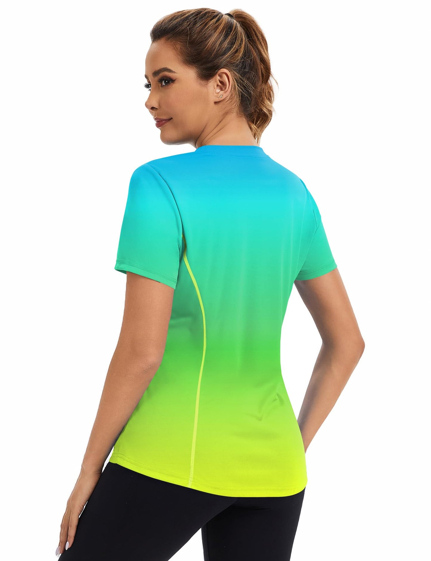 Avoogue Women's Activewear Short Sleeve UV Shirts Moisture Wicking Loose Workout Running Gym Tops Outfits Rashguard(Blue Gradient Yellow,L)