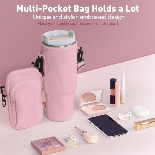 Stanley Cup Accessories, Include 3Pcs Straw Covers & Butterfly Chain & Stanley Cup Holder, 3D Embossing Neoprene 40 Oz Stanley Cup Carrier with Strap, Water Bottle Carrier Bag with Phone Pocket