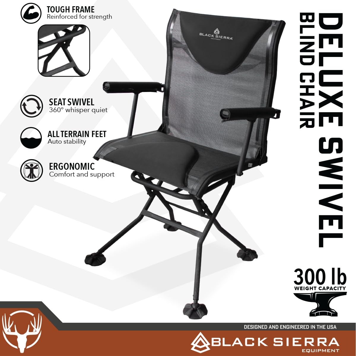 Black Sierra Deluxe 360° Swivel Blind Chair, Portable Silent Stealth Hunting Chair, Rotating Folding Outdoor Chair with Padding and Armrests, Supports 300 lbs