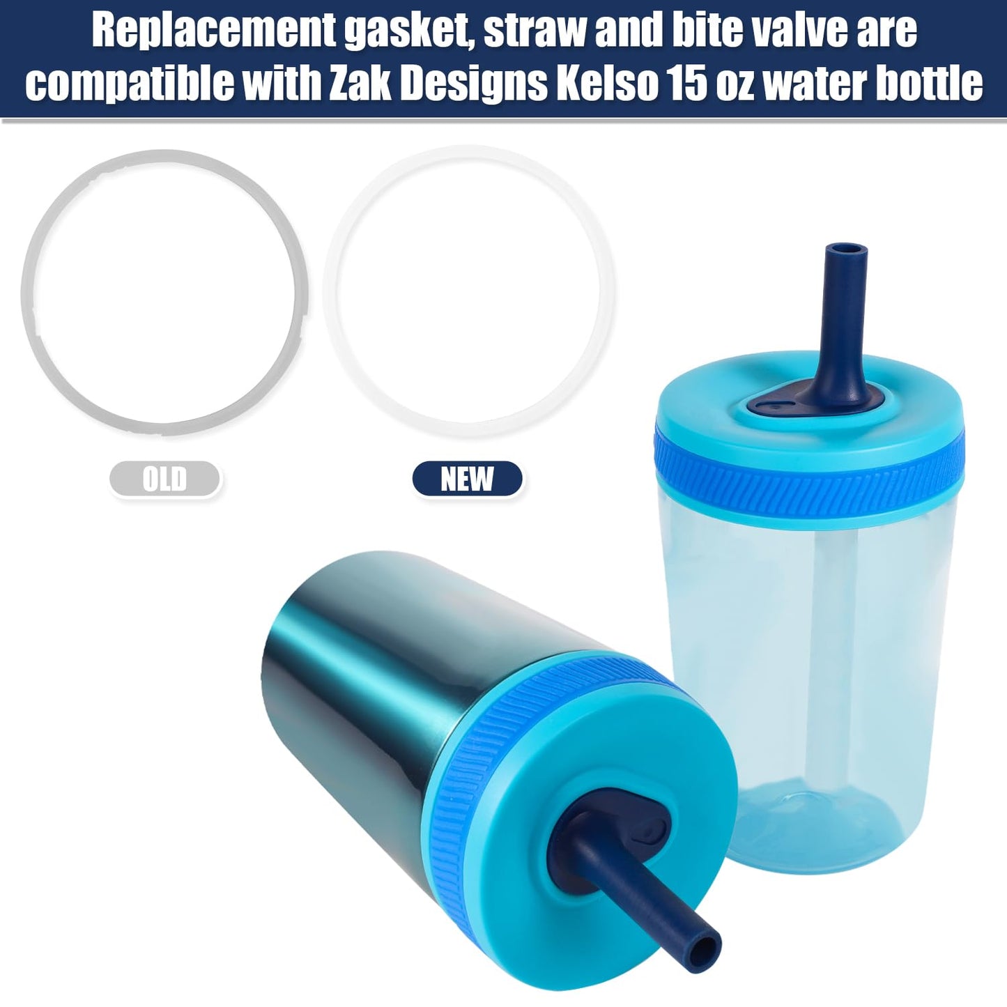 3pcs Replacement Straws with Bite Valve for Zak Designs Kelso Kids 15oz, BPA Free Reliable Straw Cup Accessories with Zak Designs and Reusable Gaskets Brush for Water Bottles (Deep Blue)