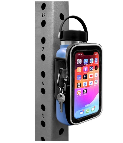 Gym Mate Magnetic Water Bottle Sleeve with see-through phone access. Attaches Magnetically to Metal Surface so Your Bottle is Always Within Reach. Use your phone without taking it out of the pouch.