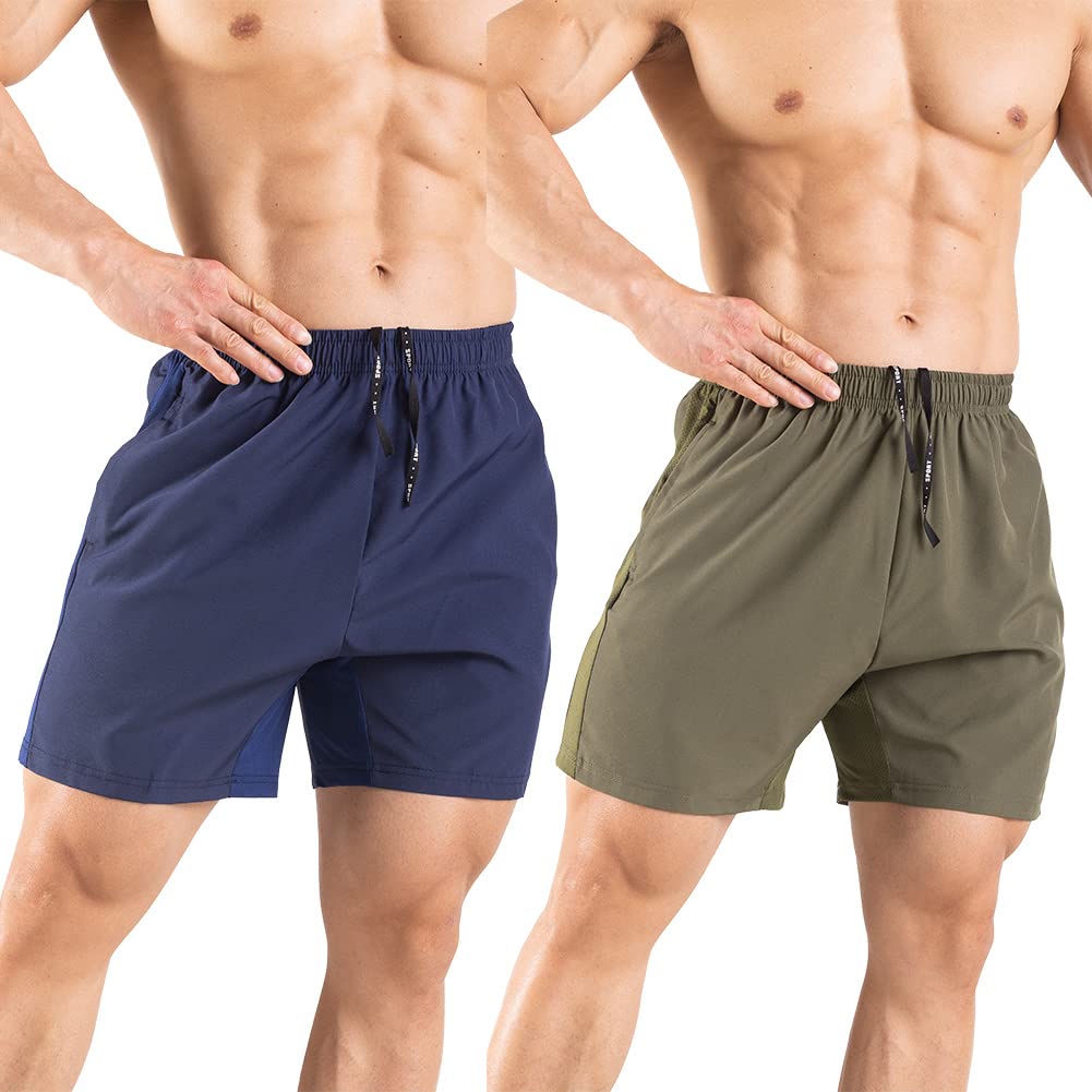 Gaglg Men's 5" Running Shorts 2 Pack Quick Dry Athletic Workout Gym Shorts with Zipper Pockets Navy/Green,Small
