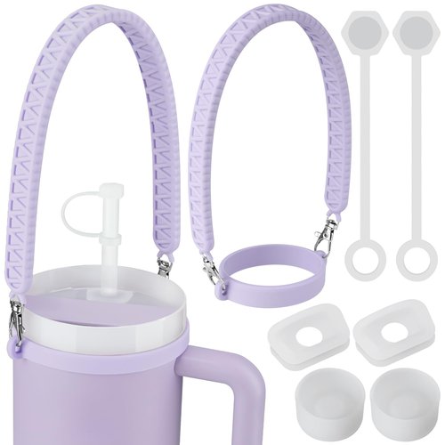 NiHome Silicone Water Bottle Handle with Anti-Spill Stopper Kit - Compatible with Stanley 1.0 & 2.0, Fits 2.7-5.12 Inch Diameter for Easy Carrying On-The-Go (Purple)