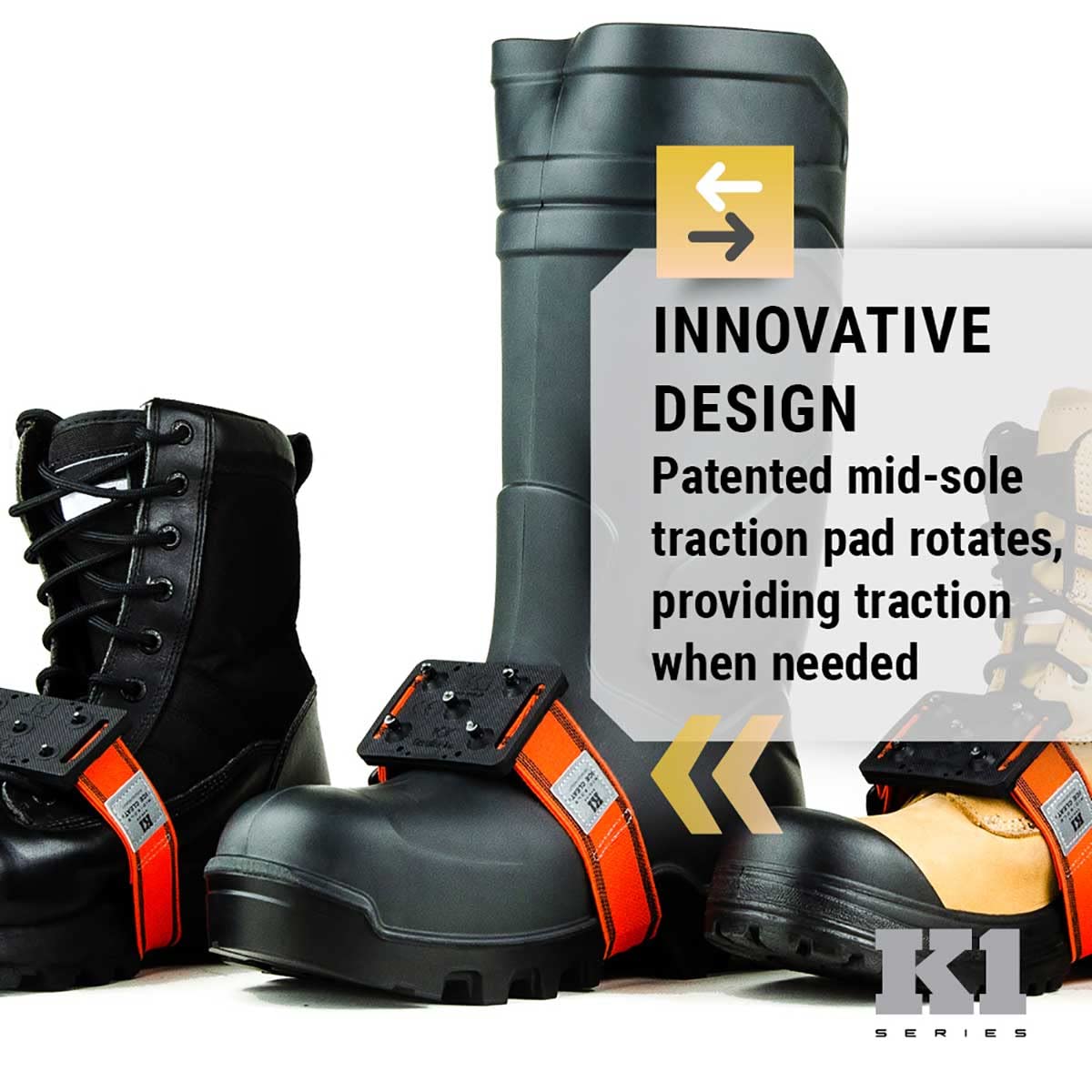 K1 Mid-Sole Ice Cleats for Men & Women - Rotatable Traction Aids For Winter Snow - Hi Vis - Low Profile