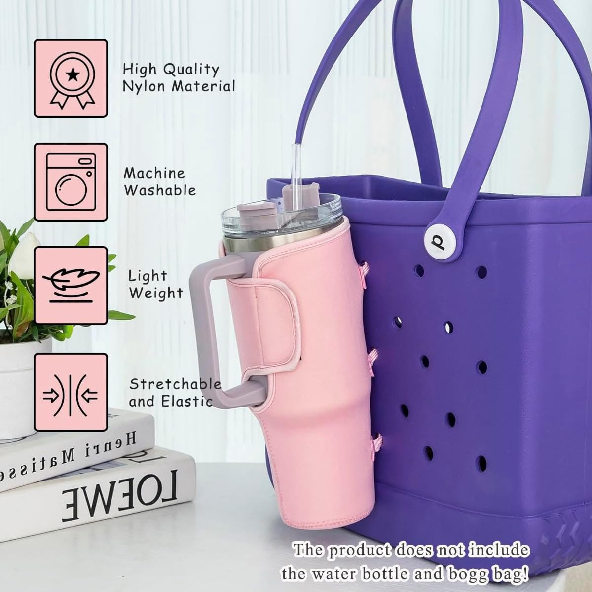 AIYoo Cups Holder for Stanley,Drink Cup Holder Compatible with All Bogg Bag 40 oz Water Bottle Holder Accessories,Portable Cup Holder Attachment for Simply Southern Beach Tote Bag,Pink