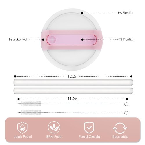 Stanley 2 Pcs Replacement Lids for 40 Oz Tumbler - Silicone Spill Stopper Set with Dust Cover, Straw Lid & Reusable Straws (Pink)