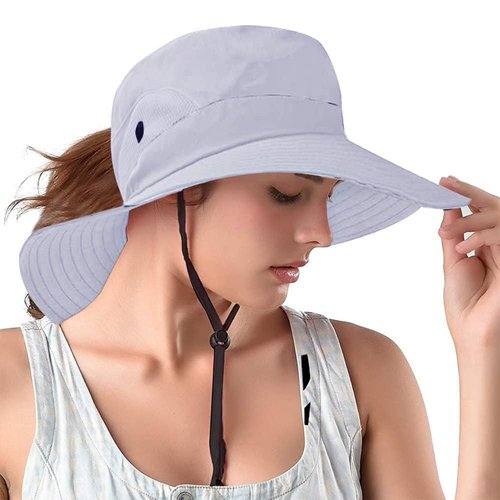 Rosoz Ponytail Sun Bucket Hats for Women UV Protection Foldable Mesh Wide Brim Hiking Beach Fishing Summer Safari
