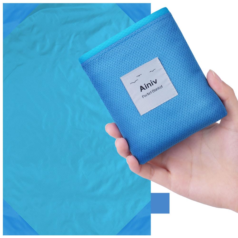 Ainiv Picnic Blanket, Mini Pocket Beach Mat 43.3 x 55.1IN (2-3 People) Foldable, Lightweight Waterproof Sand Free, Foldable Thin Ground Sheet for Outdoor Camping Hiking Travel - with Hand Strap