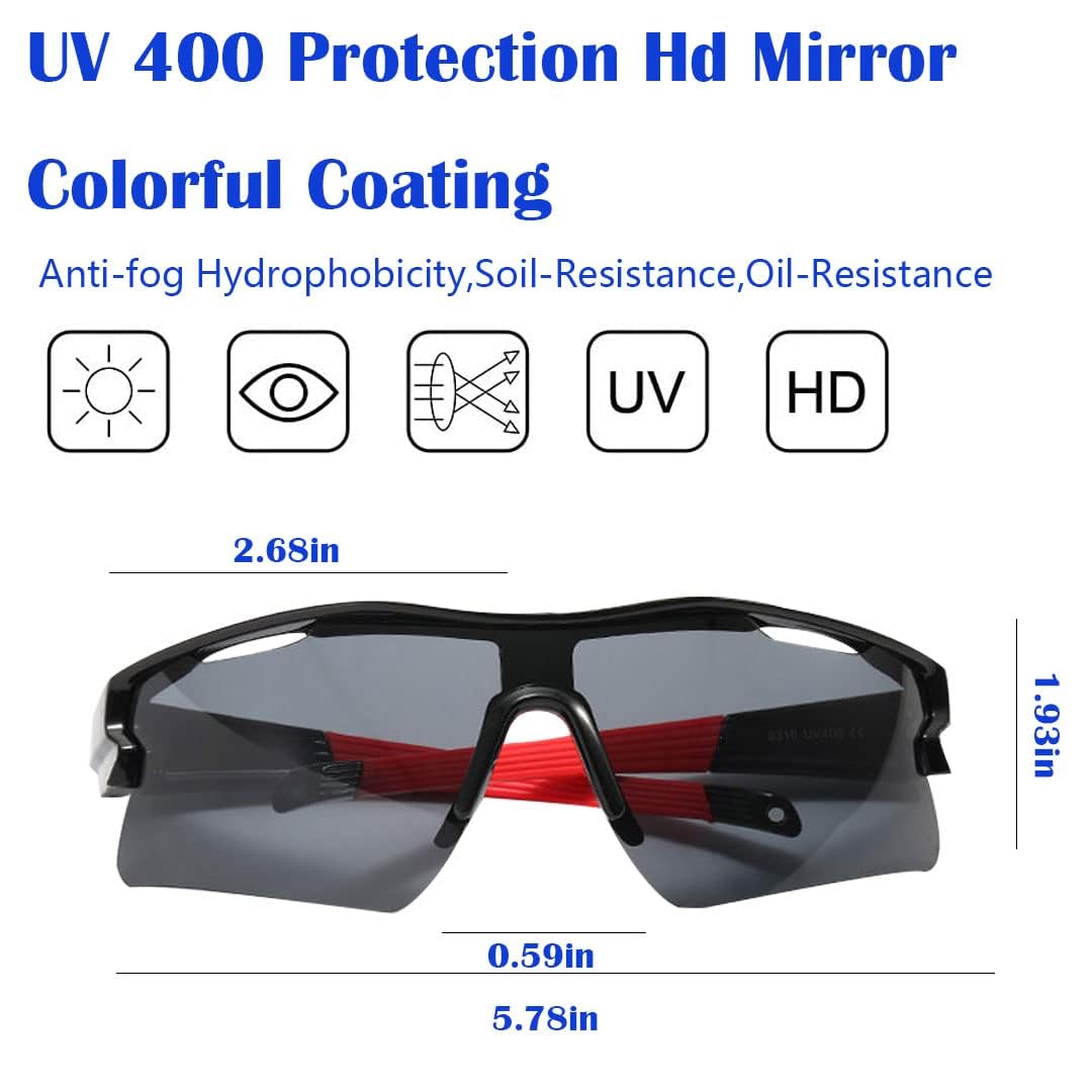 Sports Sunglasses for Men Women Youth Baseball Cycling Running Driving Fishing Golf Motorcycle Outdoor Glasses UV400 (Black red frame gray piece)