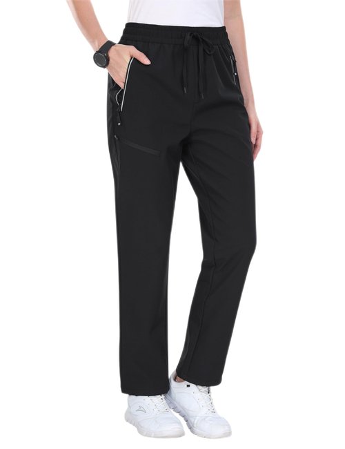 MoFiz Women's Waterproof Windproof Snow Ski Pants Insulated Fleece Lined Winter Hiking Fishing Pants High Waist Pull-On with Drawstring Zipper Pockets Black M