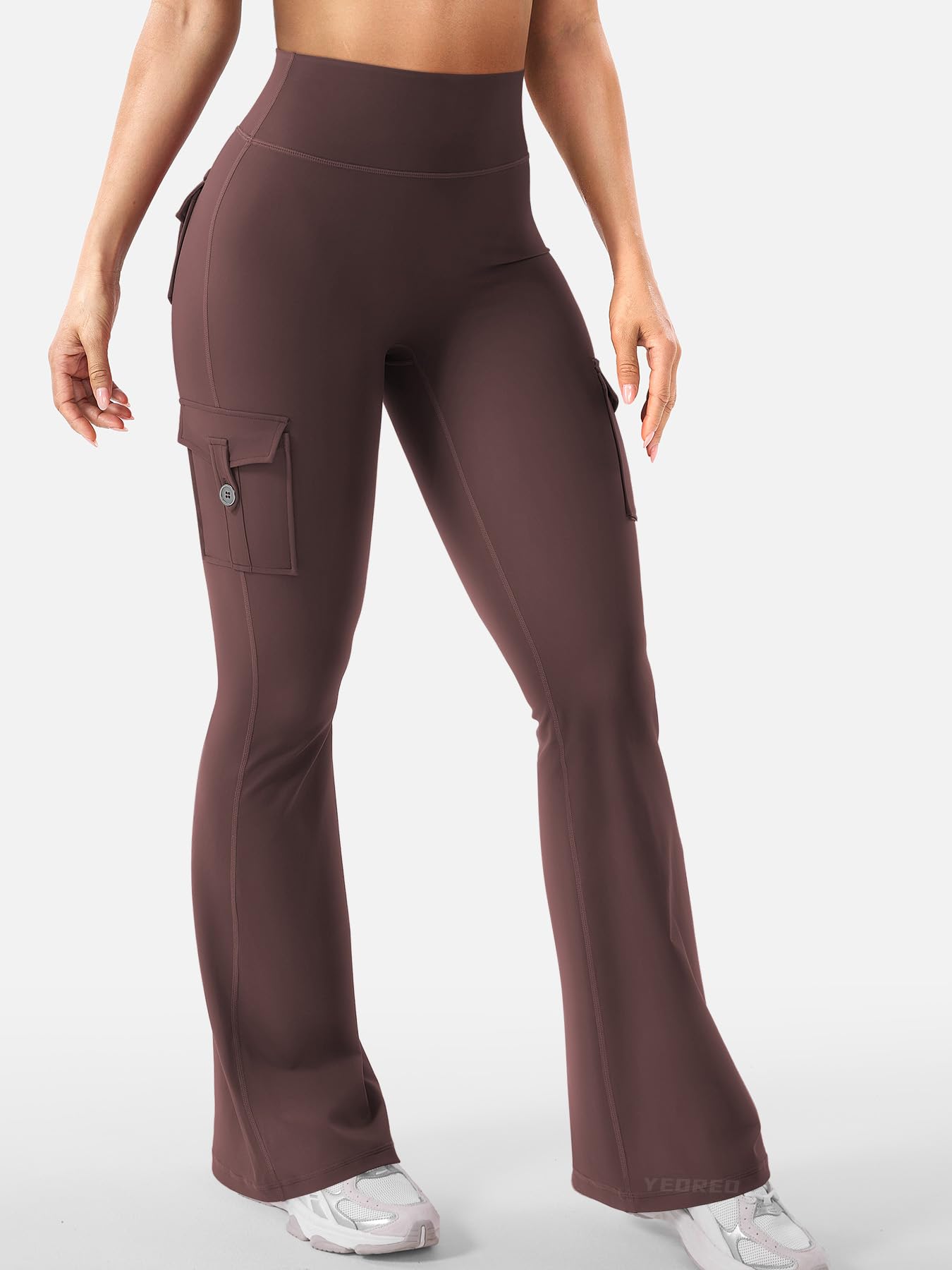 YEOREO CoreFlex Women Workout Flare Leggings with Pockets Hidden Scrunch Cargo Gym Yoga No Front Seam Leggings Brown XXL